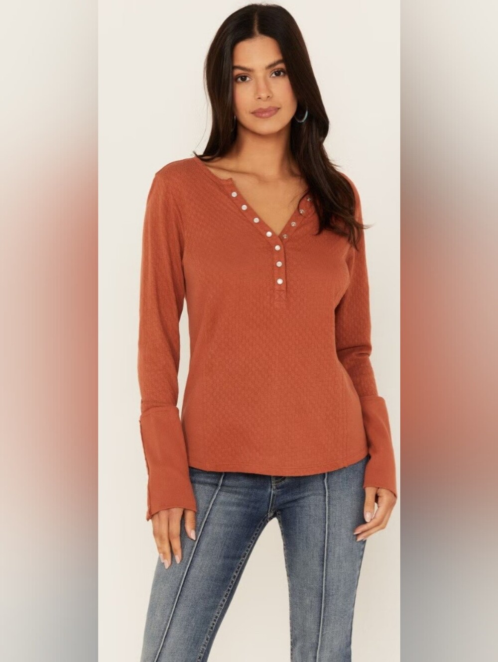 Idyllwind Long Sleeve Henley Top in Burnt Orange Pearl Knit Western Farm Country